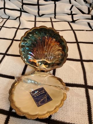 Vintage Leonard Silver Plated Clam Shell Butter Dish Glass Liner Ornate Spreader