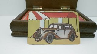 Vintage Wood Box Brass Antique Car On Lid - 2 Decks Of Playing Cards - 1 Deck