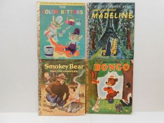Vintage Set Of 4 Little Golden Books Bongo,  Smokey Bear,  Color Kittens,  Madeline
