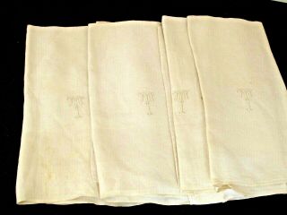 4 Antique Vintage Linen Napkins - Monogram T 20 " X 20 "