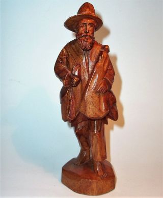 Old Traveler Man Hand Carved Wood Art Sculpture Statue Figurine Vintage Antique