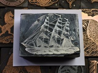 Antique Vtg Wood & Metal Nautical Ship Letterpress Print Type Cut Ornament Block