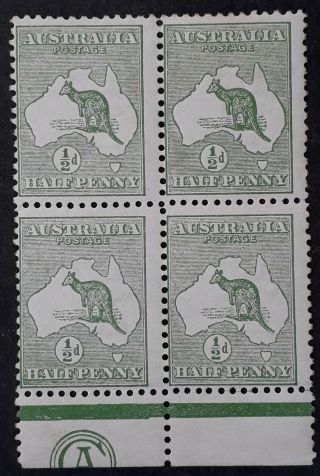 Rare 1913 - Australia Blk 4x 1/2d Green Kangaroo Stamps Ca Monogram