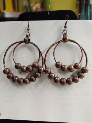 Earrings 3 " Drop Double Hoops Antiqued Bronze - Tone Wire - With Bronze Beads