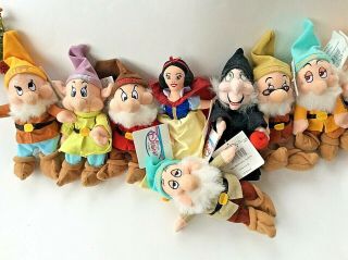 Disney Store Snow White And Seven Dwarfs Mini Bean Bag Plush 8 " Set Of 10 " Rare "