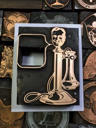 Antique Vtg Wood Candlestick Telephone Letterpress Print Type Cut Ornament Block