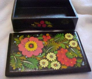 Vintage Black Lacquered Wooden Box - Painted Floral Design