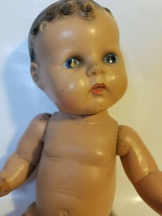 Vintage Antique Composition Baby Doll With Painted Eyes 17” Dark Curly Hair