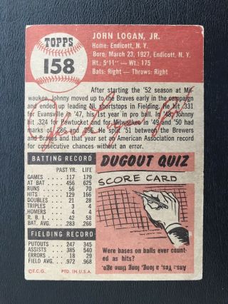 1953 Topps Baseball Card 158,  JOHN LOGAN,  Boston Braves,  RC,  ($35 NrMT B.  V. ) SP 2