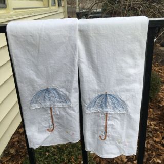 Antique Vintage Hand Embroidered Tea Towel Set 2 Farmhouse Spring Umbrella Linen