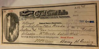 1905 Great Falls Montana Antique Treasurer Check Hand Signed Bu Mayor