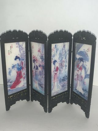 Vintage Asian Miniature Room Divider Screen Oriental Geishas,  Double Sided