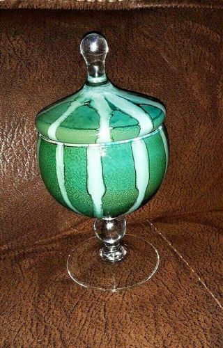 Vintage Rare Empoli Italian Green & White Stripe Cased Glass Apothecary Jar