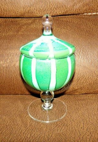 Vintage RARE Empoli Italian Green & White Stripe Cased Glass Apothecary Jar 2