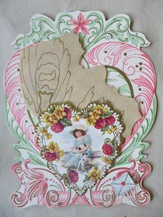 Antique Valentine,  Little Girl,  Stand - Up Easel,  C.  1900,  Large 8 " X 6 1/2 "