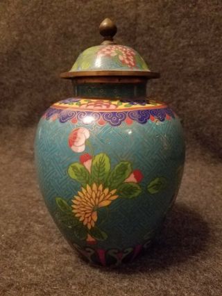 Vintage/antique Chinese Cloisonne Enamel Blue Ginger Jar Floral & Fretwork
