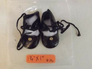 26 Vintage Black Tie Front Doll Shoes W/gold Button Bow 1 3/4 " L X 1 " W
