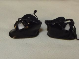 26 Vintage Black Tie Front Doll Shoes w/Gold Button Bow 1 3/4 