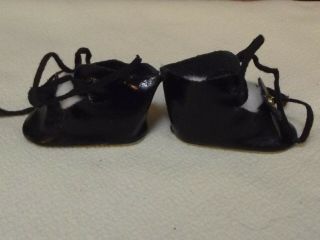 26 Vintage Black Tie Front Doll Shoes w/Gold Button Bow 1 3/4 