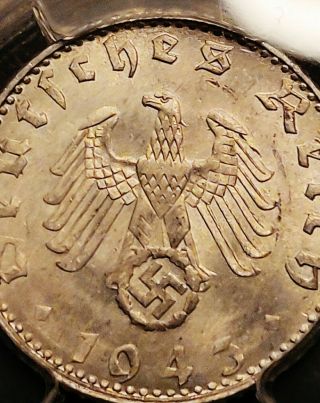 1943 G Ww2 Nazi Germany 50 Pfinneg Rare Pcgs Gold Shield Ms63 Lowest Mark