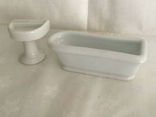 Vtg Dollhouse Miniatures Porcelain Bath Room Set Tub Sink Japan Set Of 2