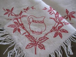 Square Antique Splash Cloth - Turkey Red Hand - Embroidery - Water Pitcher & Branch
