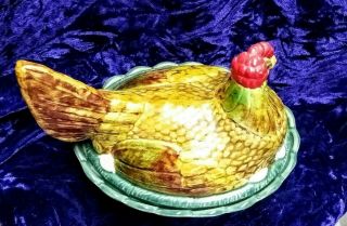 Vintage Large Country Hen On Eggs Basket Hand Crafted painted Covered Candy Dish 3