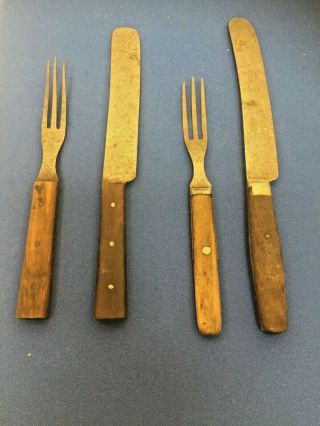 2 Pairs Antique Civil War Era Wood Handle Knife & Fork Knives & Forks