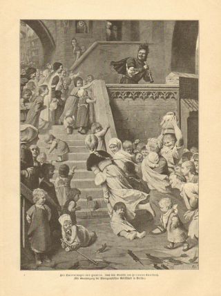 Folk Tale,  Pied Piper Of Hamlin,  Children,  Vintage 1890 German Antique Art Print