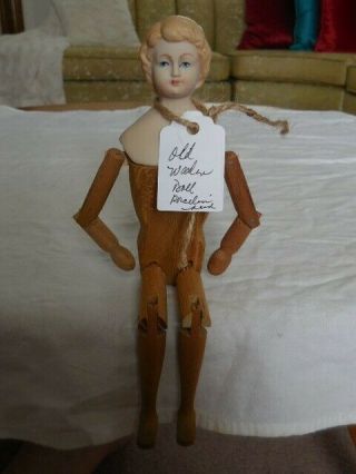 Vintage Shackman Wooden Jointed Doll With Porcelain Head
