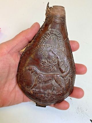 Antique Civil war embossed leather gun powder pouch flask with Musket Shot 3