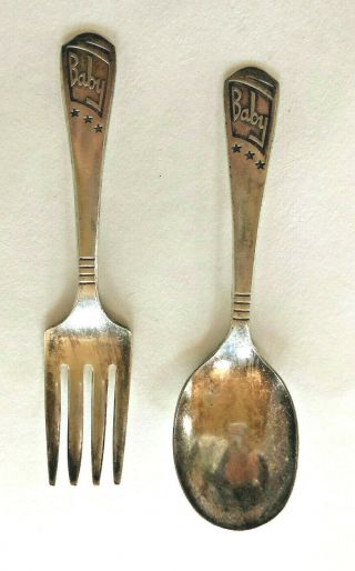 Vintage Imperial Silver Plate Baby Fork & Spoon Child Silverware Baby & Stars