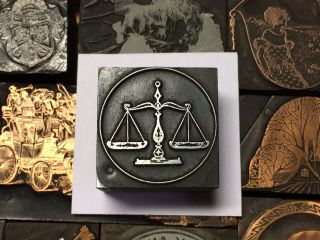 Antique Vtg Wood & Metal Scale Justice Letterpress Print Type Cut Ornament Block