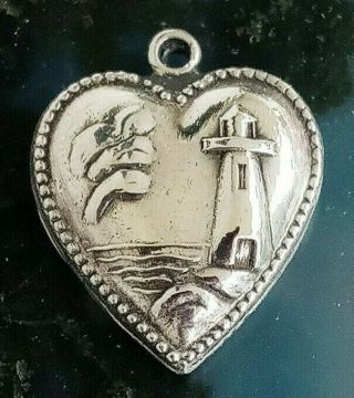 Rare Light House Vintage Antique Sterling Silver Puffy Heart Bracelet Charm