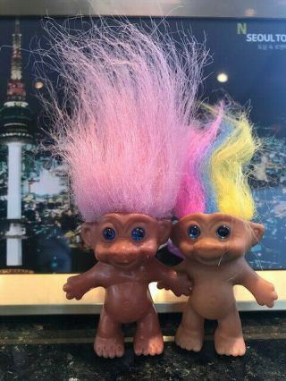 2 Vintage Troll Dolls Toy Blue Eyes Rainbow Hair And Pink 2 1/2 “ Made In Korea