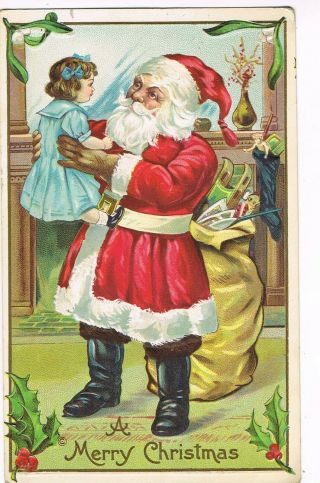 Antique Embossed Christmas Postcard Santa Claus Lifting Young Girl In Air
