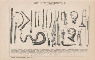 1890 Old Musical Instruments,  Wind And Stringed,  Trombone.  Trumpet Antique Print