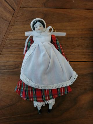 Vtg 7 1/2 Inch Doll; Porcelain Head,  Shoulders,  Hands And Feet Christmas Plaid