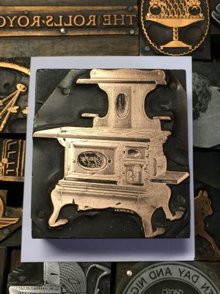 Large Antique Vtg Wood & Metal Stove Letterpress Print Type Cut Ornament Block