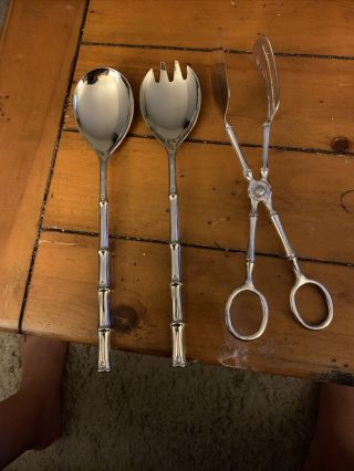 Vintage Silver Plated Serving Tongs,  Fork And Spoon E.  P.  Zinc Salad Server Italy
