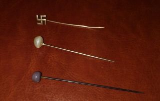3 Vtg Hat Pins Stick Pins Needle Baroque Pearl Purple Stone Good Fortune Antique