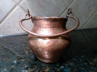 Antique Vintage Small Hammered Copper Firestarter Pot Cauldron Copper Handle