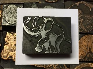 Large Antique Vtg Wood Metal Elephant Letterpress Print Type Cut Ornament Block
