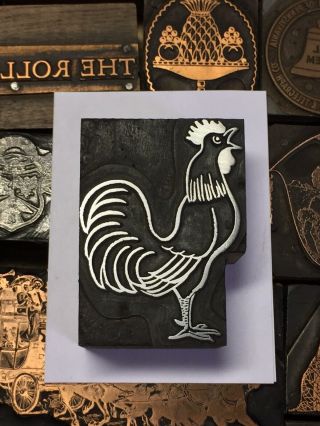 Large Antique Vtg Wood & Metal Rooster Letterpress Print Type Cut Ornament Block