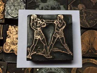 Antique Vtg Wood & Metal Boxing Boxers Letterpress Print Type Cut Ornament Block
