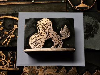 Antique Vtg Wood Metal Komainu Foo Dog Letterpress Print Type Cut Ornament Block