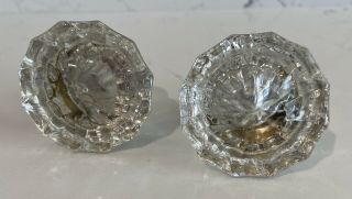 Pair Vintage 12 Point Clear Glass & Brass Crystal Door Knobs Hardware