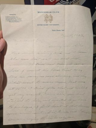 Elmer Layden Notre Dame Rare Football Four Horsemen Signed Autograph Letter 1924