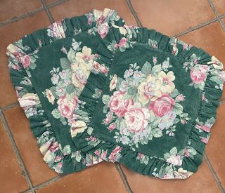 2 Vintage Rare Ralph Lauren Green Floral Pink Heavy Ruffled Throw Pillow Covers