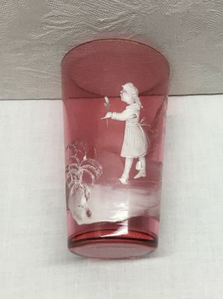 Antique Mary Gregory Cranberry Glass Tumbler - Girl In Garden,  Hand Painted,  4”